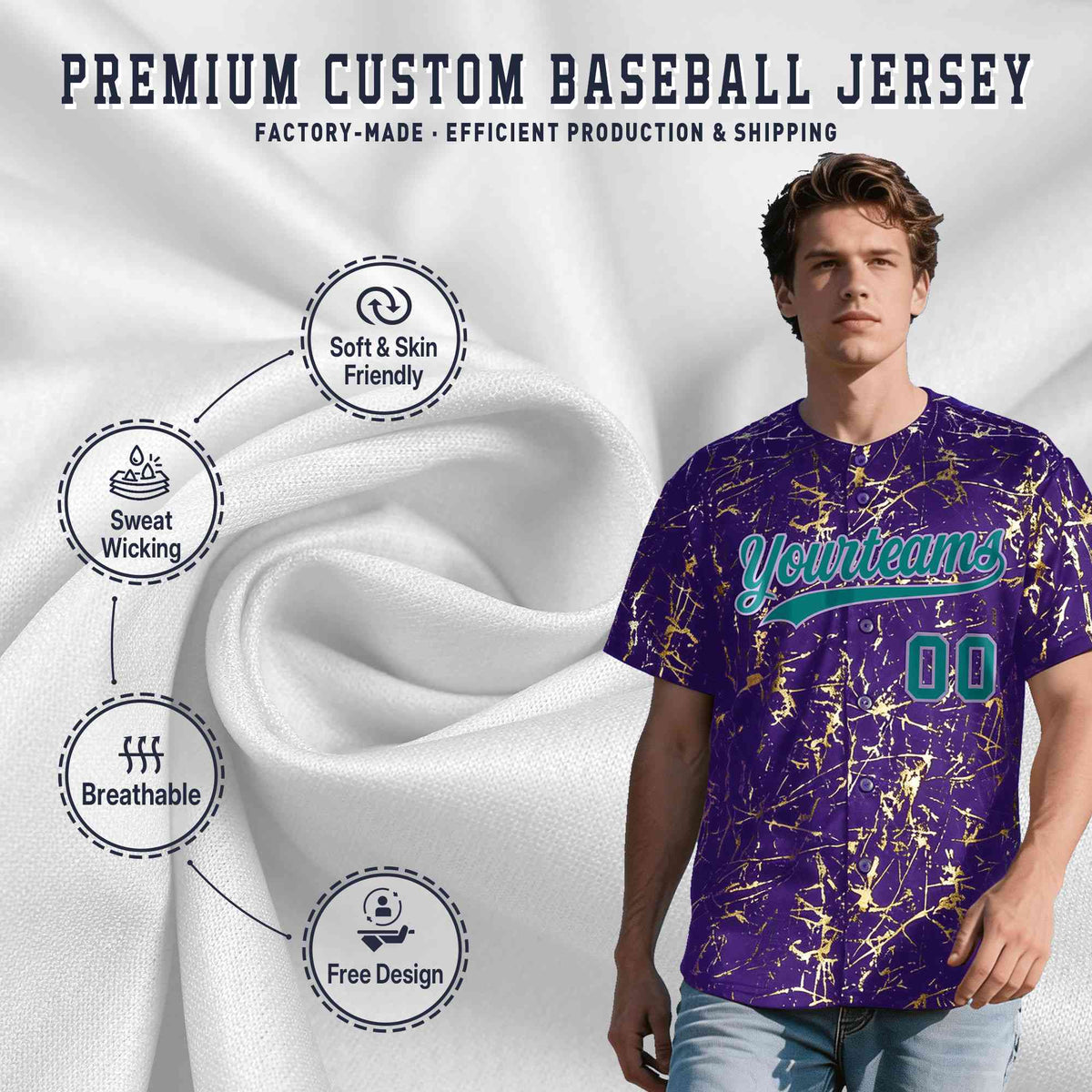 Custom Purple Teal Black&Gold Marble Print Clubwear Party Streetwear Baseball Jersey