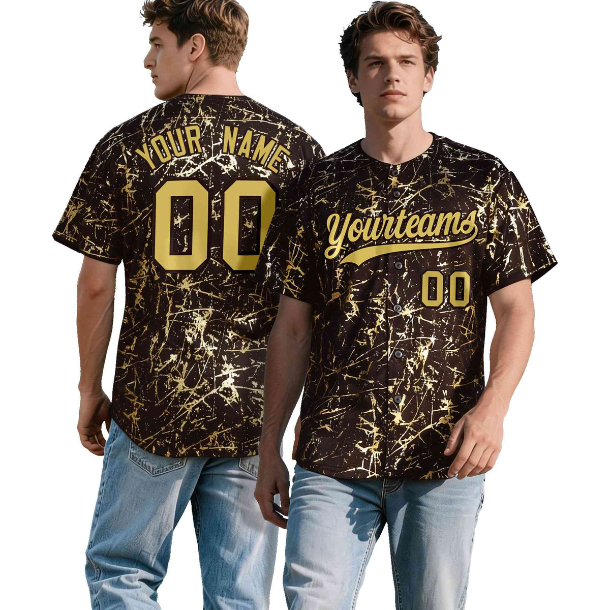 Custom Brown Old Gold Black&Shiny Gold Cracked Foil Hip Hop Button Down Baseball Jersey