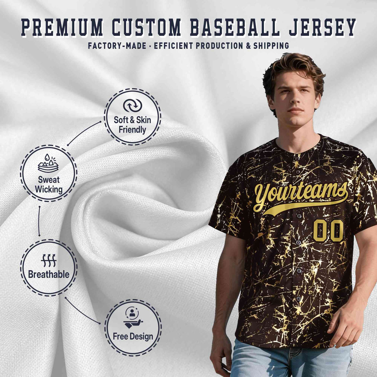 Custom Brown Old Gold Black&Shiny Gold Cracked Foil Hip Hop Button Down Baseball Jersey
