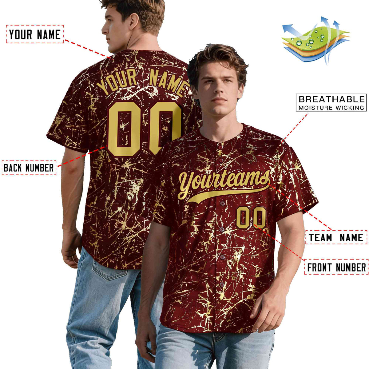 Custom Crimson Old Gold Black&Shiny Gold Cracked Foil Hip Hop Button Down Baseball Jersey