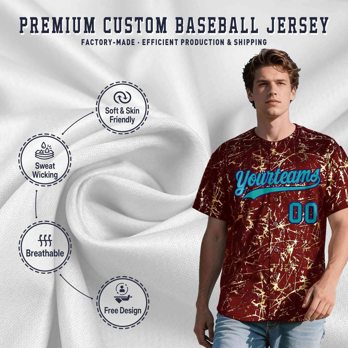 Custom Crimson Aqua Black&Gold Marble Print Clubwear Party Streetwear Baseball Jersey