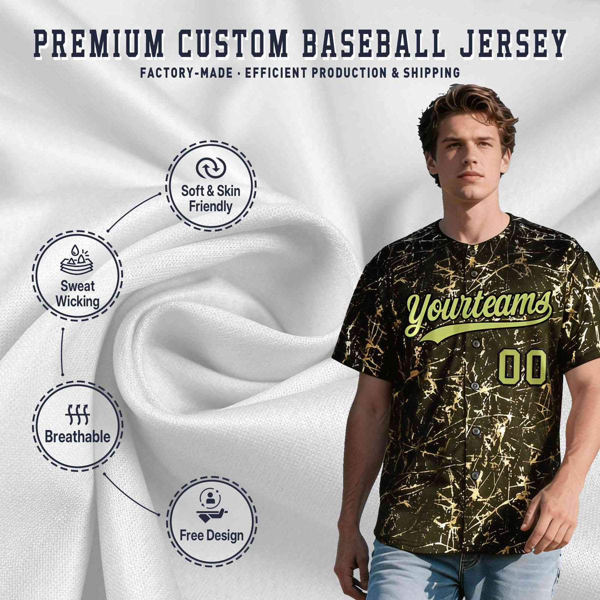 Custom Olive Champagne Black&Gold Marble Print Clubwear Party Streetwear Baseball Jersey