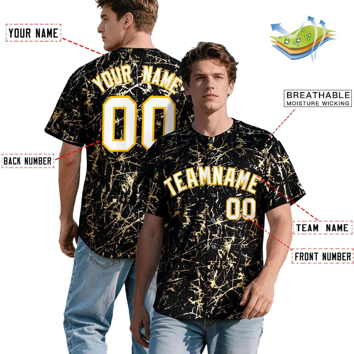 Custom Black White Black&Shiny Gold Cracked Foil Hip Hop Button Down Baseball Jersey