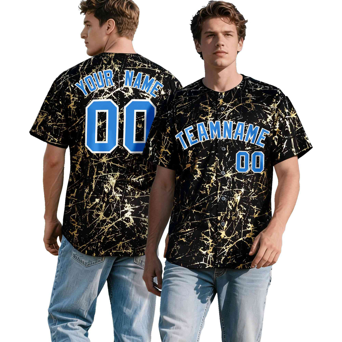 Custom Black Light Blue Shiny Gold Cracked Texture Baseball Jersey