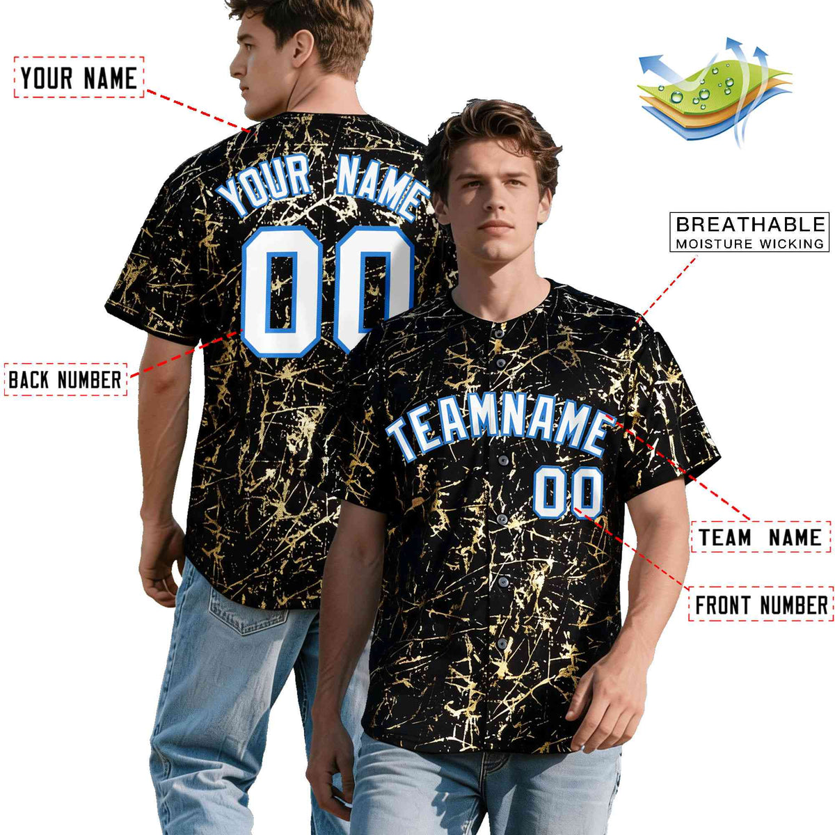 Custom Black White Black&Shiny Gold Cracked Foil Hip Hop Button Down Baseball Jersey