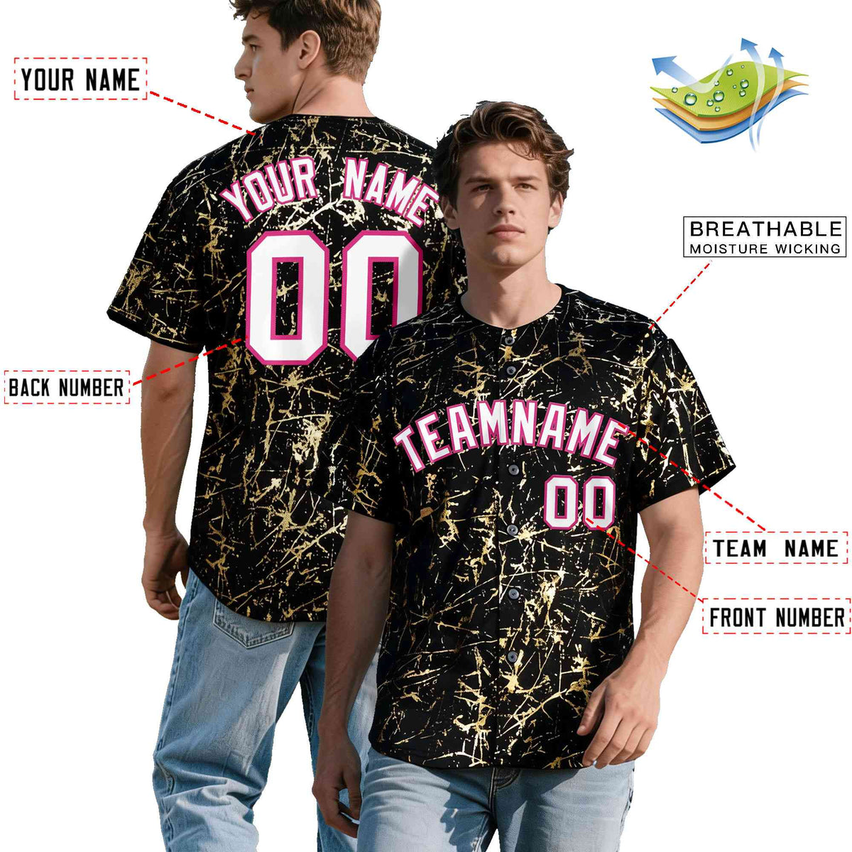 Custom Black White Black&Shiny Gold Cracked Foil Hip Hop Button Down Baseball Jersey