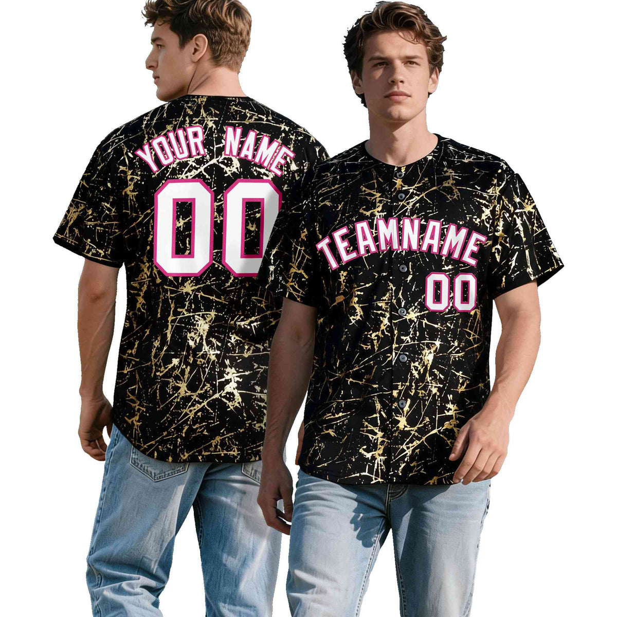 Custom Black White Black&Shiny Gold Cracked Foil Hip Hop Button Down Baseball Jersey