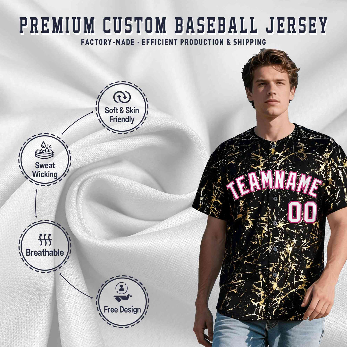 Custom Black White Black&Shiny Gold Cracked Foil Hip Hop Button Down Baseball Jersey
