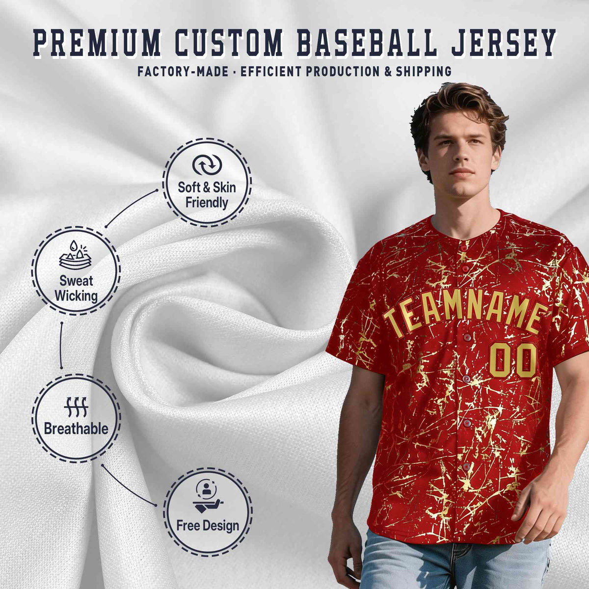Custom Red Old Gold Black&Gold Marble Print Clubwear Party Streetwear Baseball Jersey