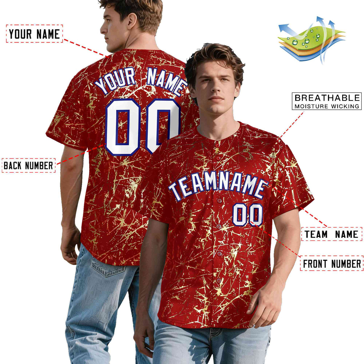 Custom Red White Black&Shiny Gold Cracked Foil Hip Hop Button Down Baseball Jersey