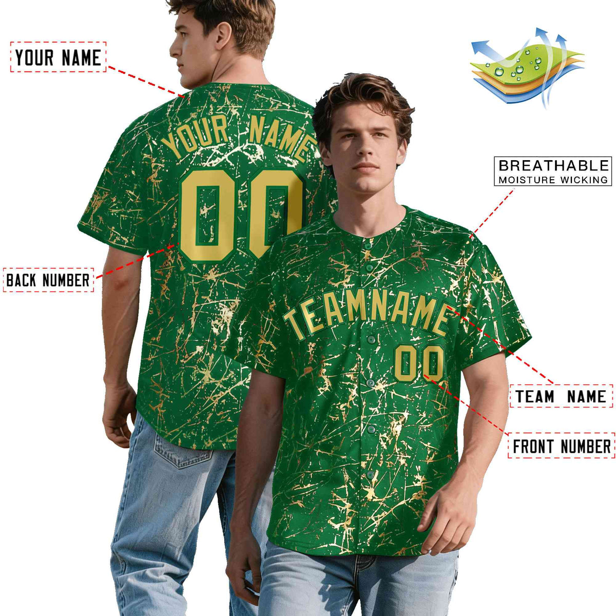 Custom Kelly Green Old Gold Black&Shiny Gold Cracked Foil Hip Hop Button Down Baseball Jersey