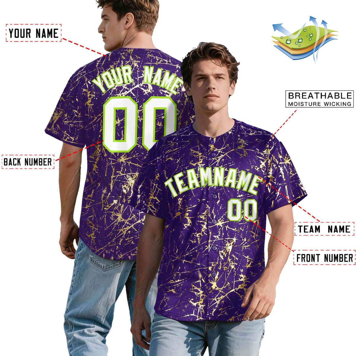 Custom Purple White Black&Shiny Gold Cracked Foil Breathable Mesh Streetwear Baseball Jersey