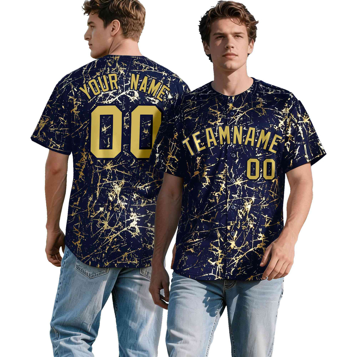 Custom Navy Old Gold Black&Shiny Gold Cracked Foil Hip Hop Button Down Baseball Jersey