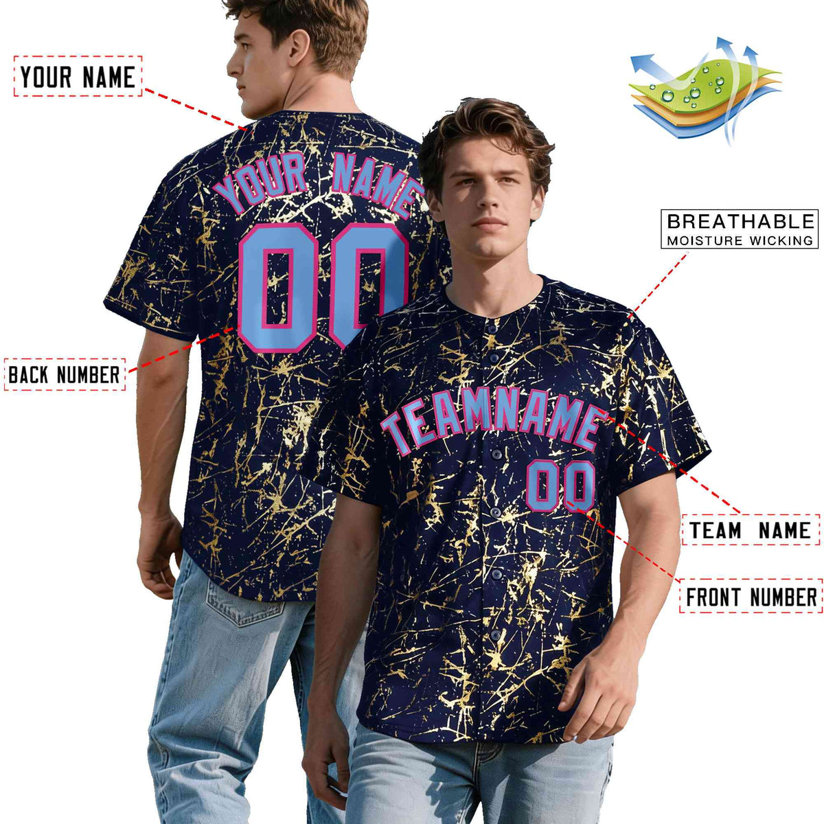 Custom Navy Powder Blue Black&Gold Marble Print Clubwear Party Streetwear Baseball Jersey