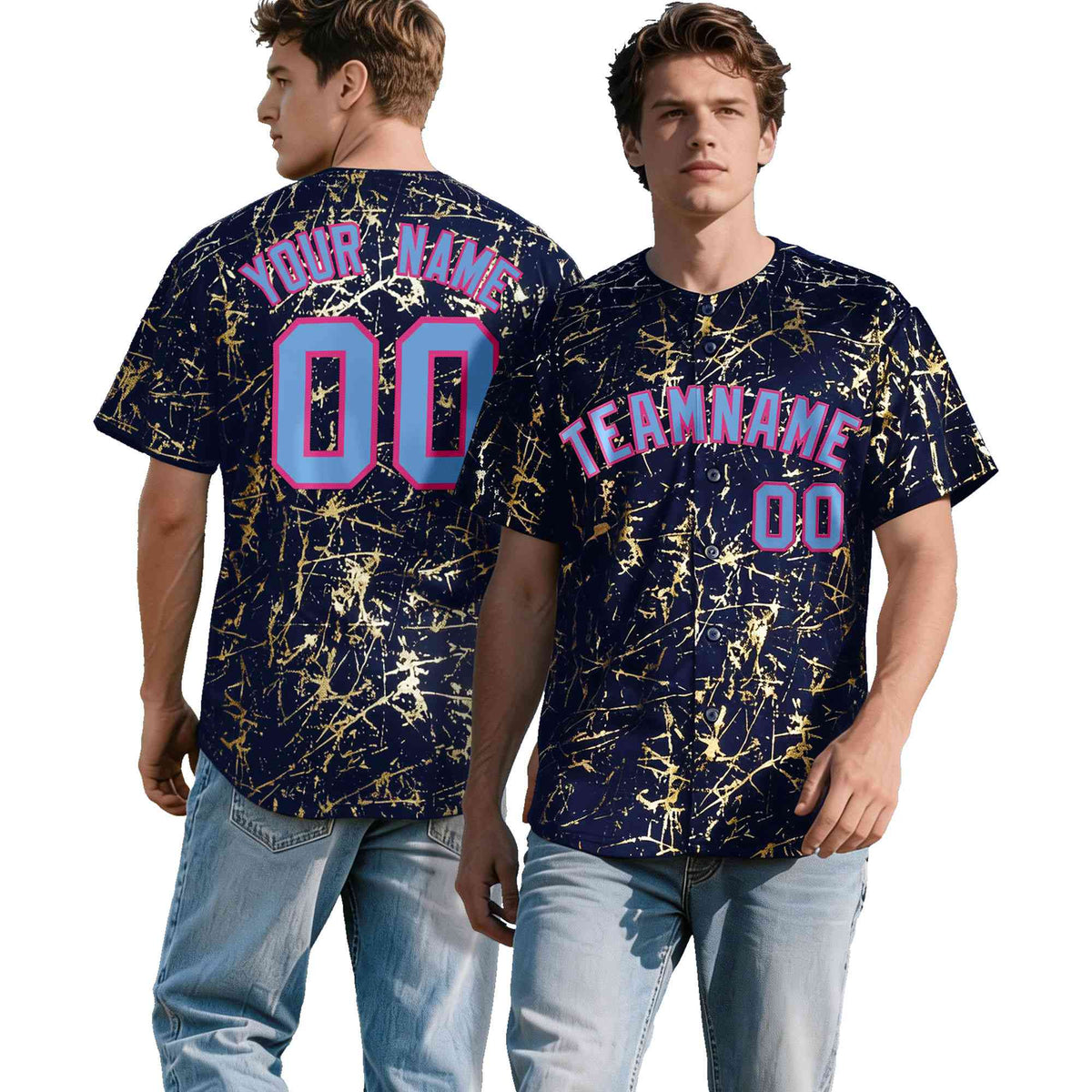 Custom Navy Powder Blue Black&Gold Marble Print Clubwear Party Streetwear Baseball Jersey