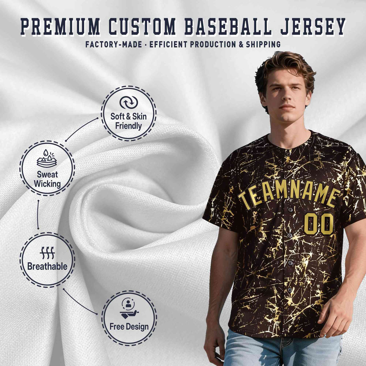 Custom Brown Old Gold Black&Shiny Gold Cracked Foil Hip Hop Button Down Baseball Jersey