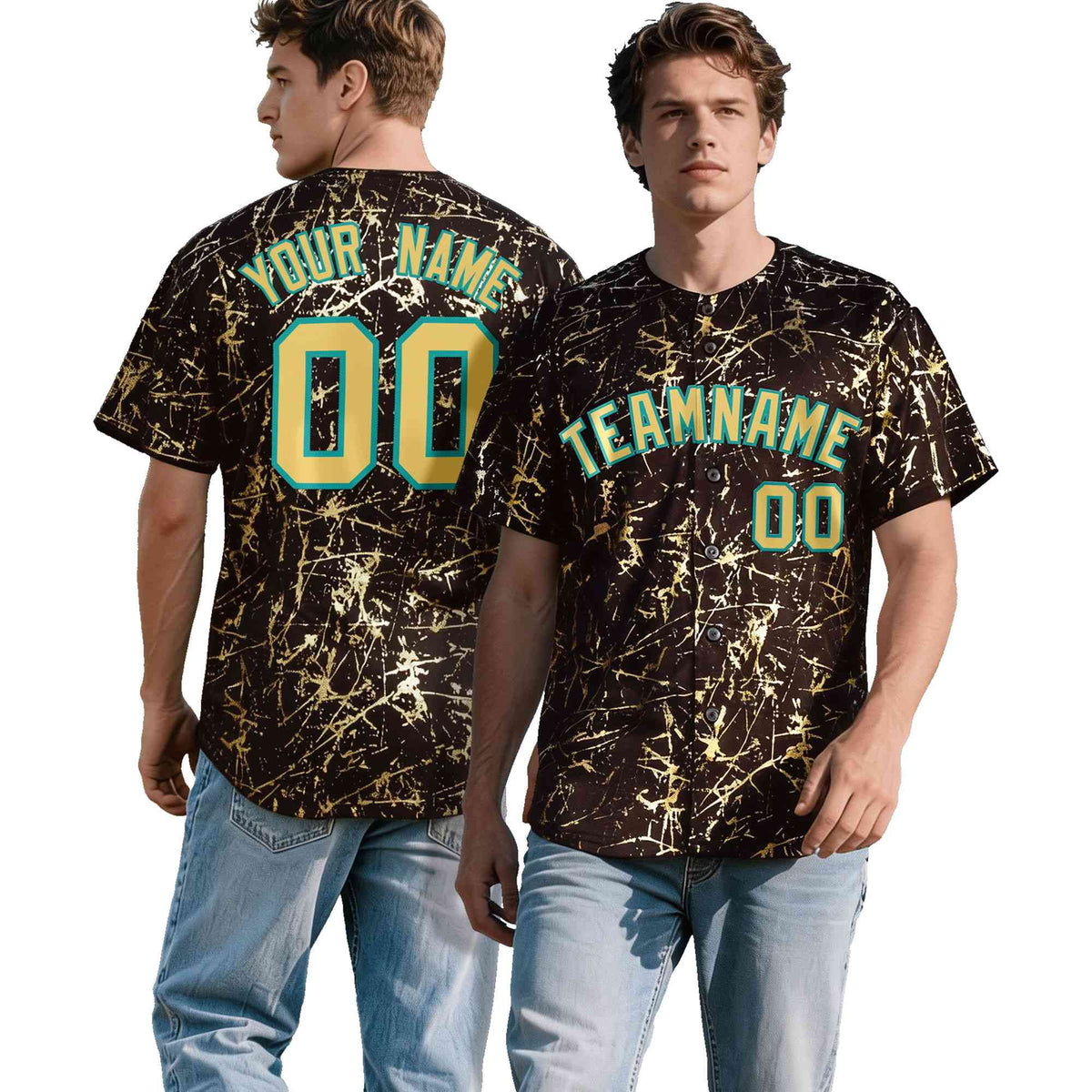 Custom Brown Khaki Black&Gold Marble Print Clubwear Party Streetwear Baseball Jersey