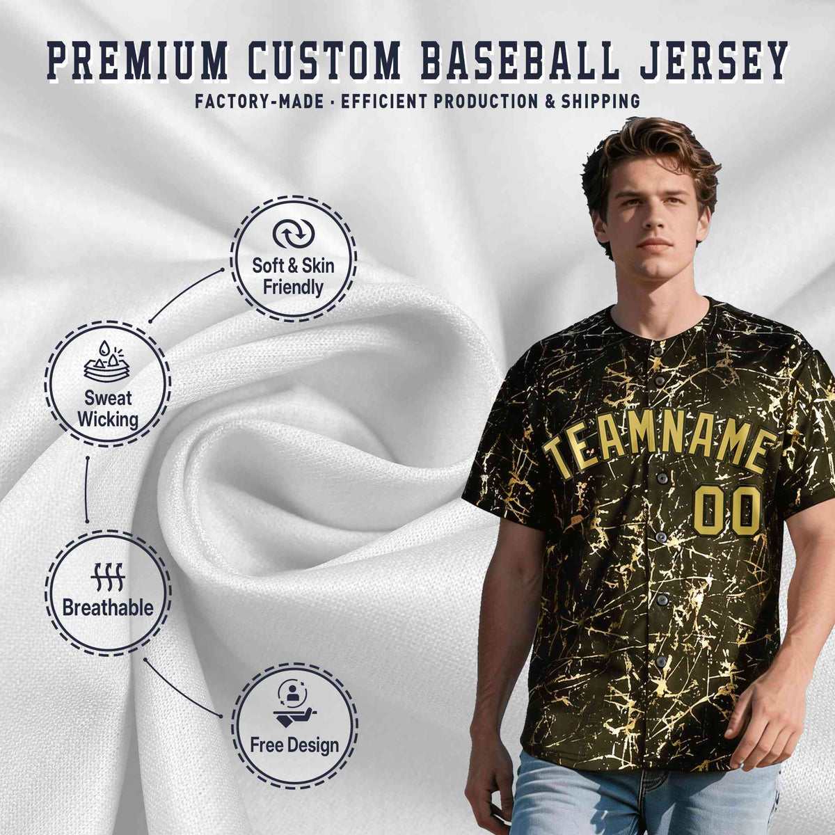 Custom Olive Old Gold Black&Shiny Gold Cracked Foil Hip Hop Button Down Baseball Jersey