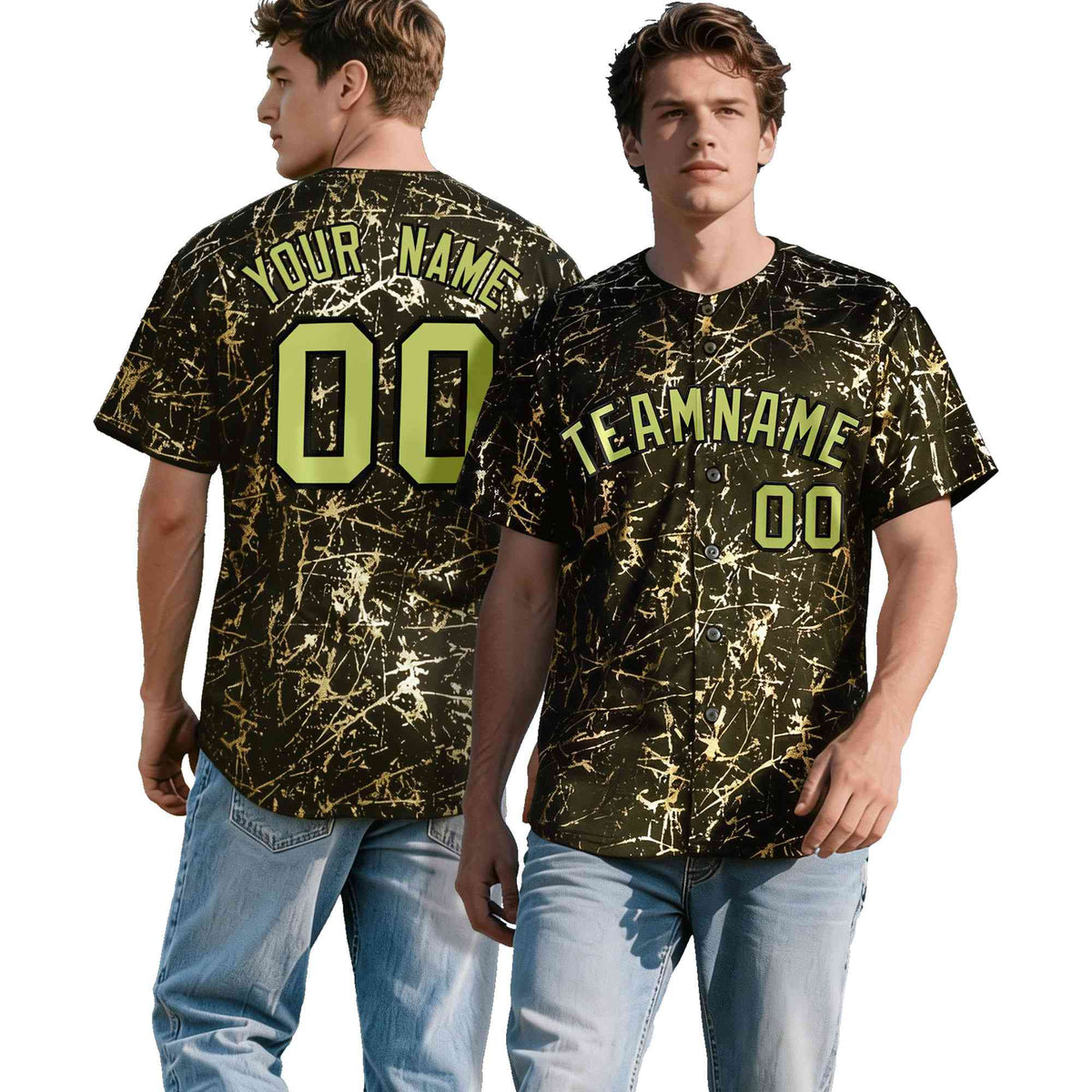Custom Olive Champagne Black&Gold Marble Print Clubwear Party Streetwear Baseball Jersey