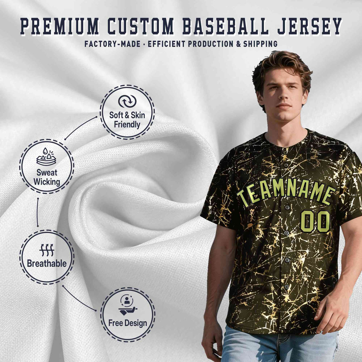 Custom Olive Champagne Black&Gold Marble Print Clubwear Party Streetwear Baseball Jersey