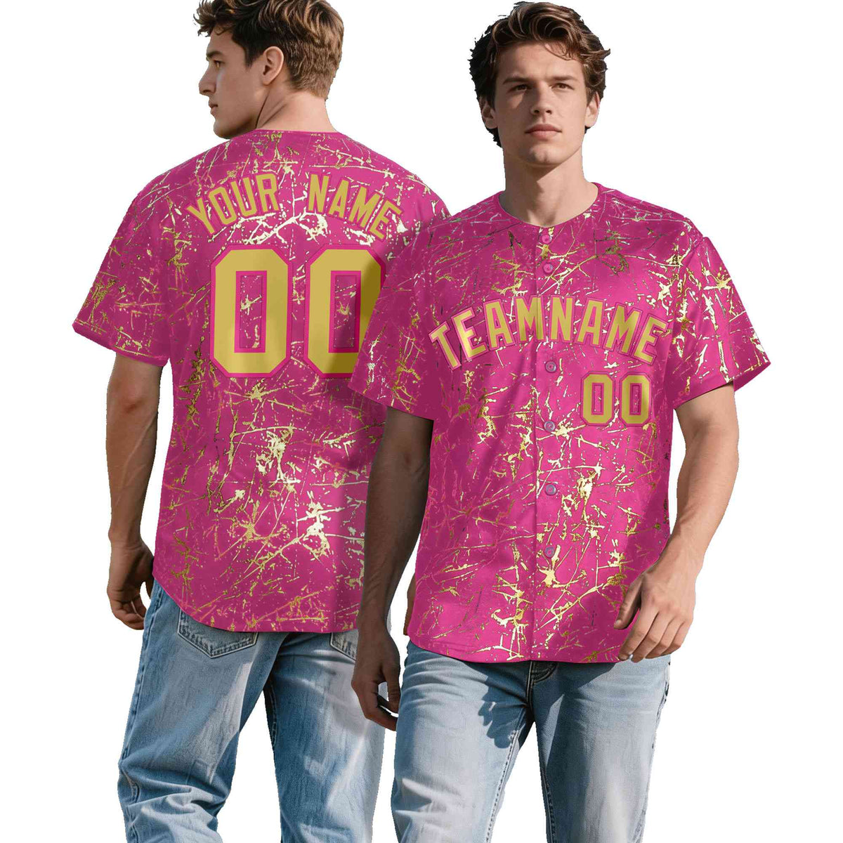 Custom Pink Old Gold Black&Shiny Gold Cracked Foil Hip Hop Button Down Baseball Jersey