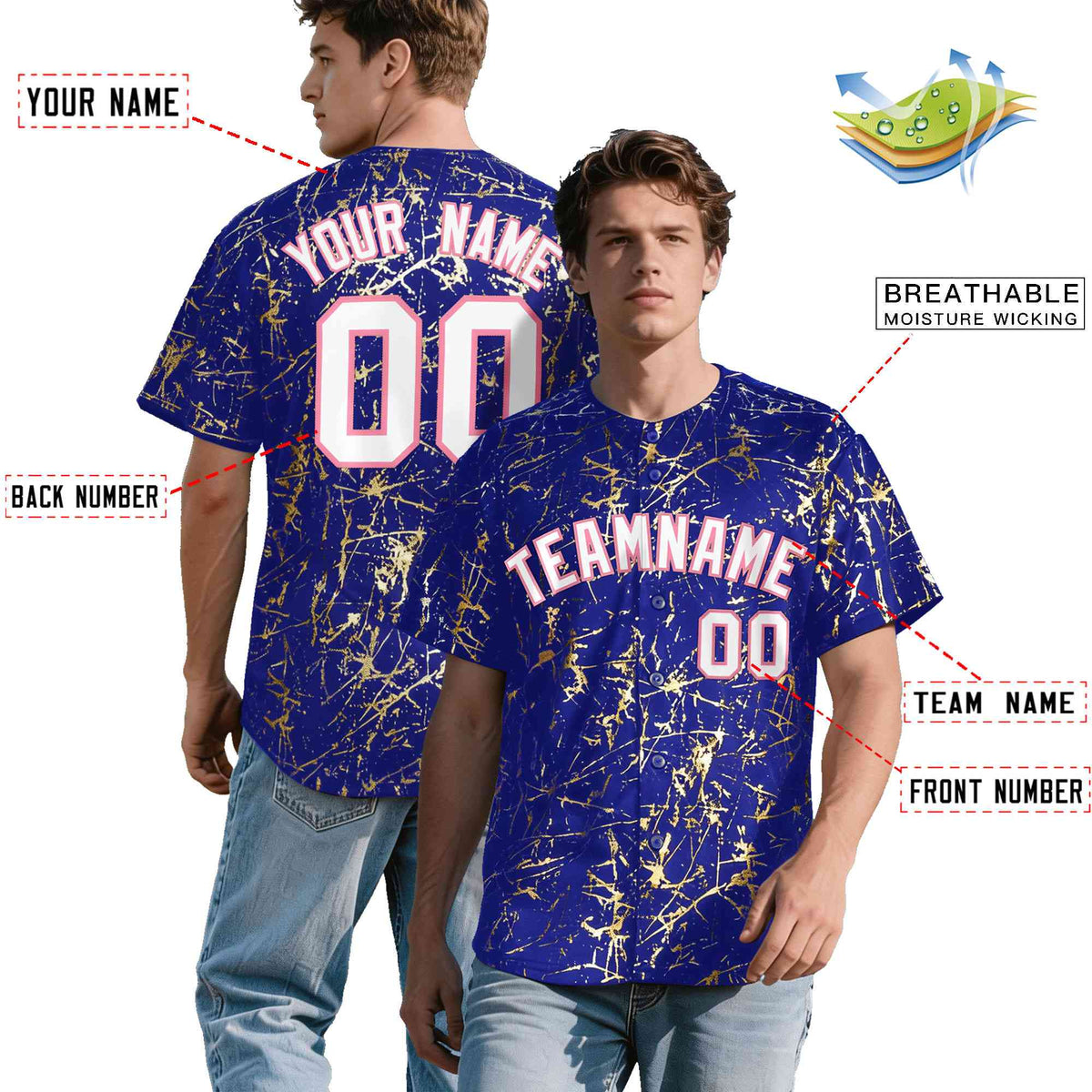 Custom Royal White Black&Shiny Gold Cracked Foil Breathable Mesh Streetwear Baseball Jersey