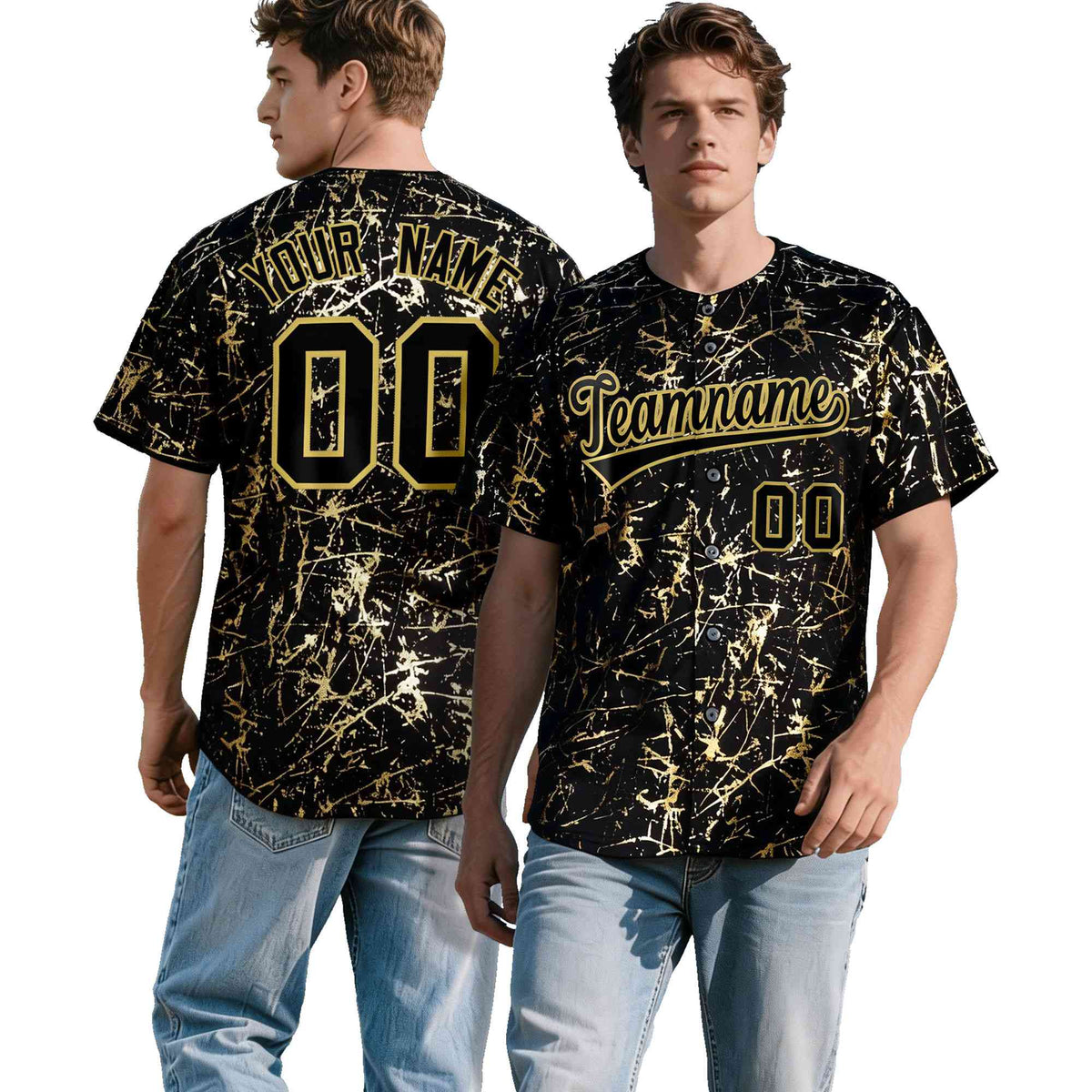 Custom Black Old Gold Black&Shiny Gold Cracked Foil Hip Hop Button Down Baseball Jersey| KXKSHOP