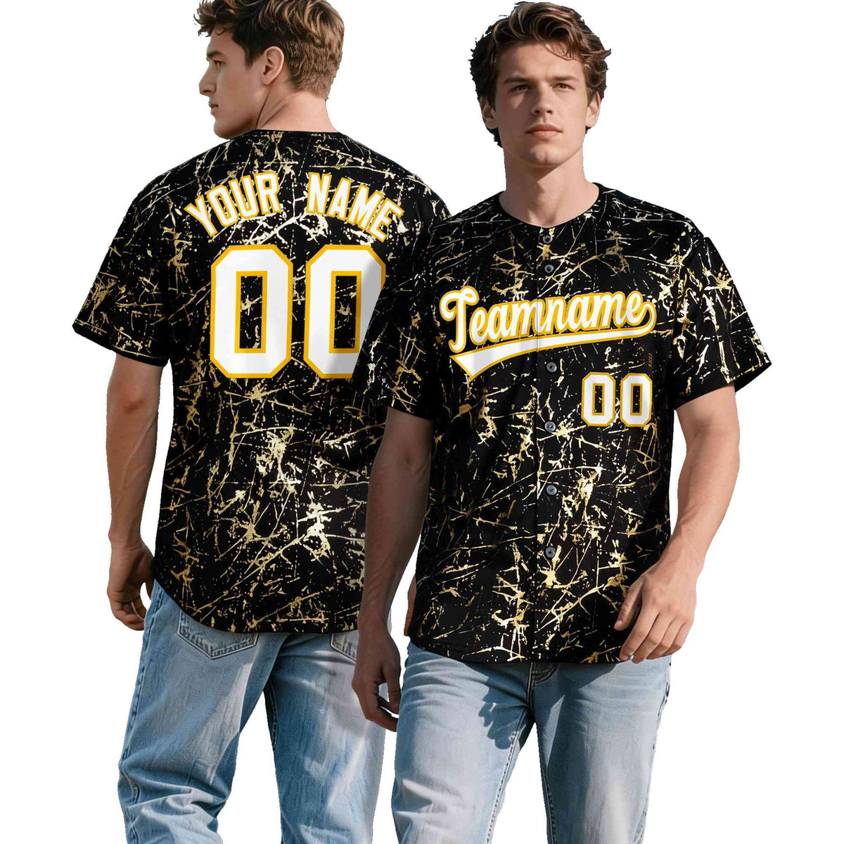 Custom Black White Black&Shiny Gold Cracked Foil Hip Hop Button Down Baseball Jersey| KXKSHOP