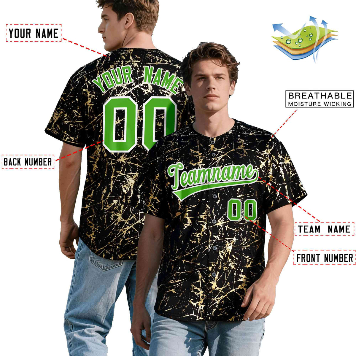 Custom Black Light Green Metallic Gold Splatter Breathable&Wrinkle-Resistant Baseball Jersey| KXKSHOP