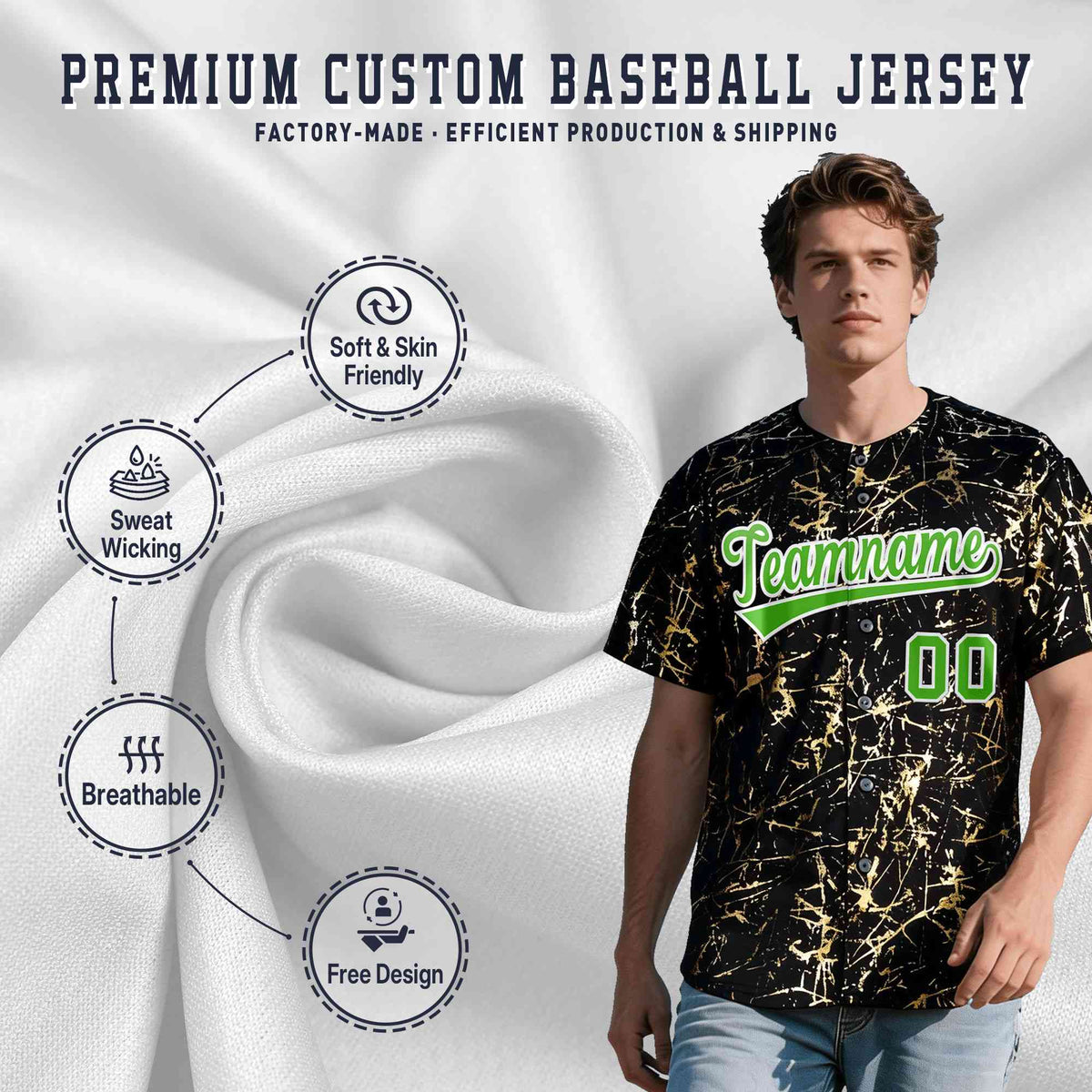 Custom Black Light Green Metallic Gold Splatter Breathable&Wrinkle-Resistant Baseball Jersey| KXKSHOP