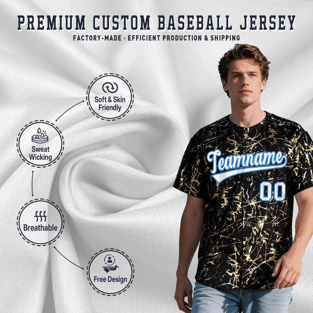 Custom Black White Black&Shiny Gold Cracked Foil Hip Hop Button Down Baseball Jersey| KXKSHOP