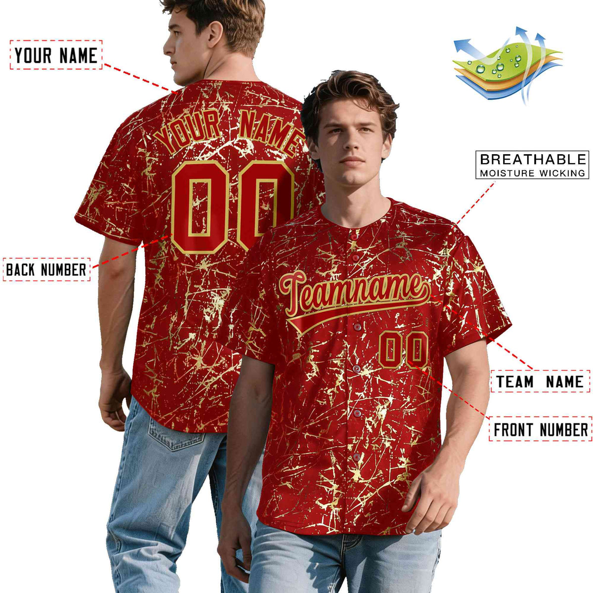 Custom Red Old Gold Metallic Gold Splatter Breathable&Wrinkle-Resistant Baseball Jersey| KXKSHOP