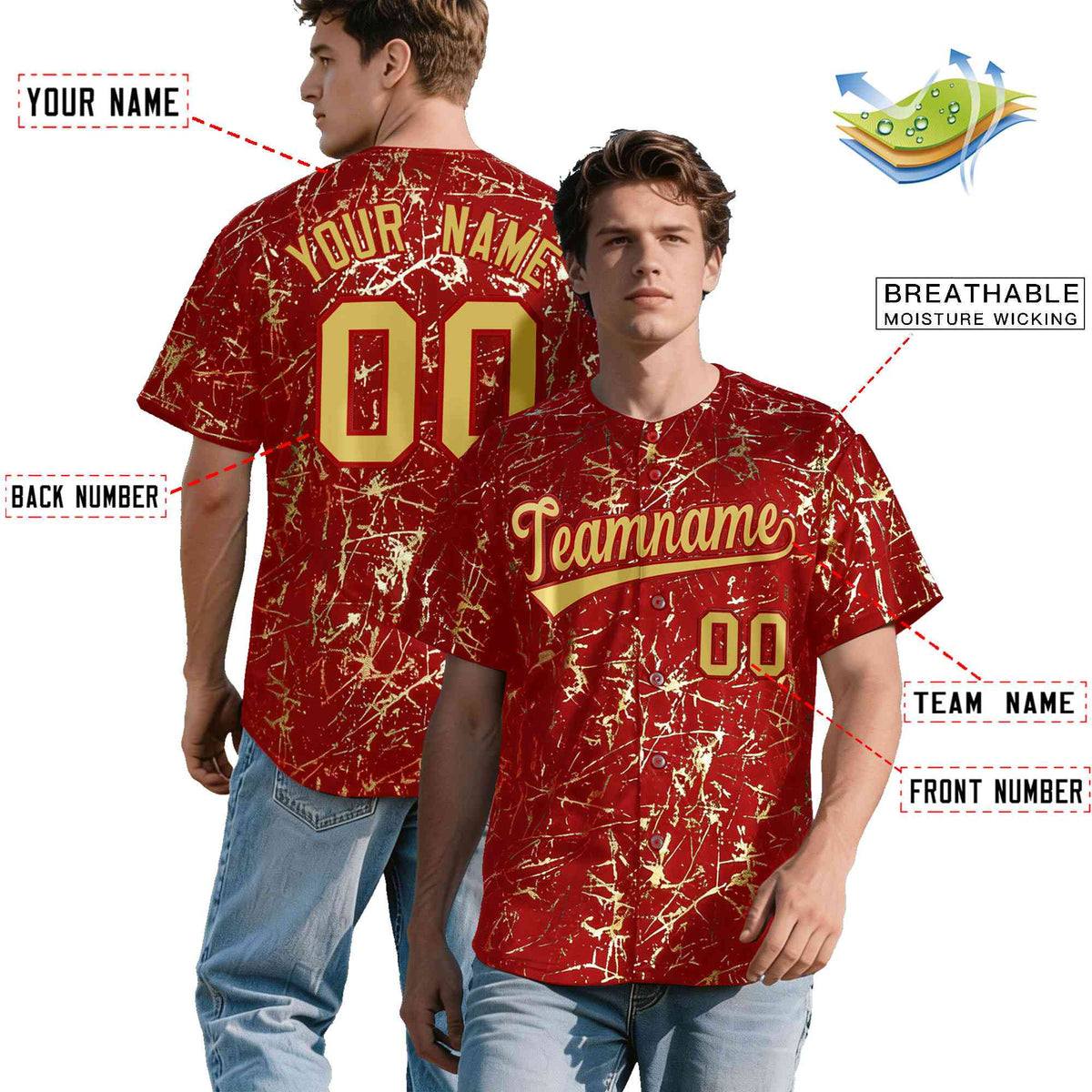 Custom Red Old Gold Black&Gold Marble Print Clubwear Party Streetwear Baseball Jersey| KXKSHOP