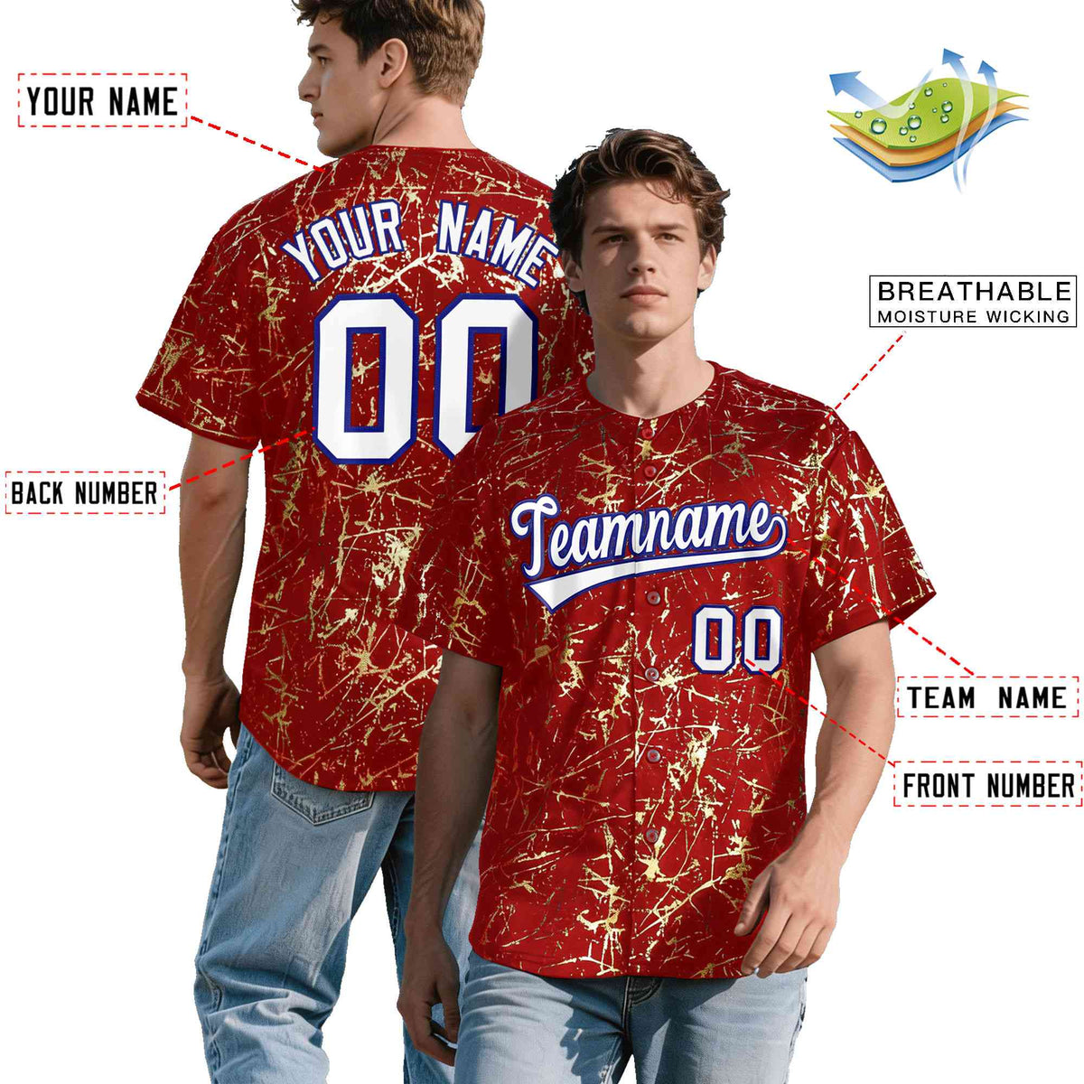 Custom Red White Black&Shiny Gold Cracked Foil Hip Hop Button Down Baseball Jersey| KXKSHOP