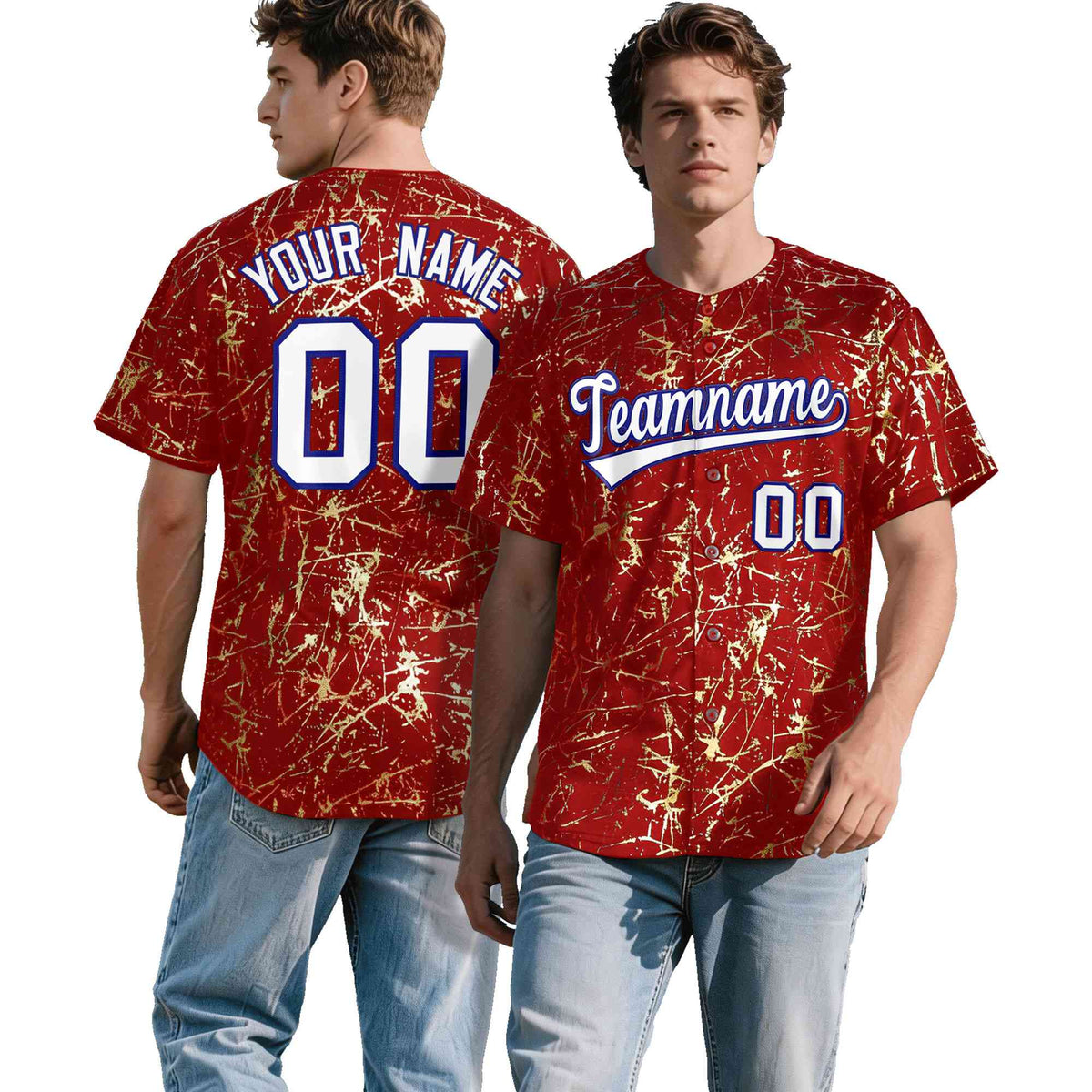 Custom Red White Black&Shiny Gold Cracked Foil Hip Hop Button Down Baseball Jersey| KXKSHOP