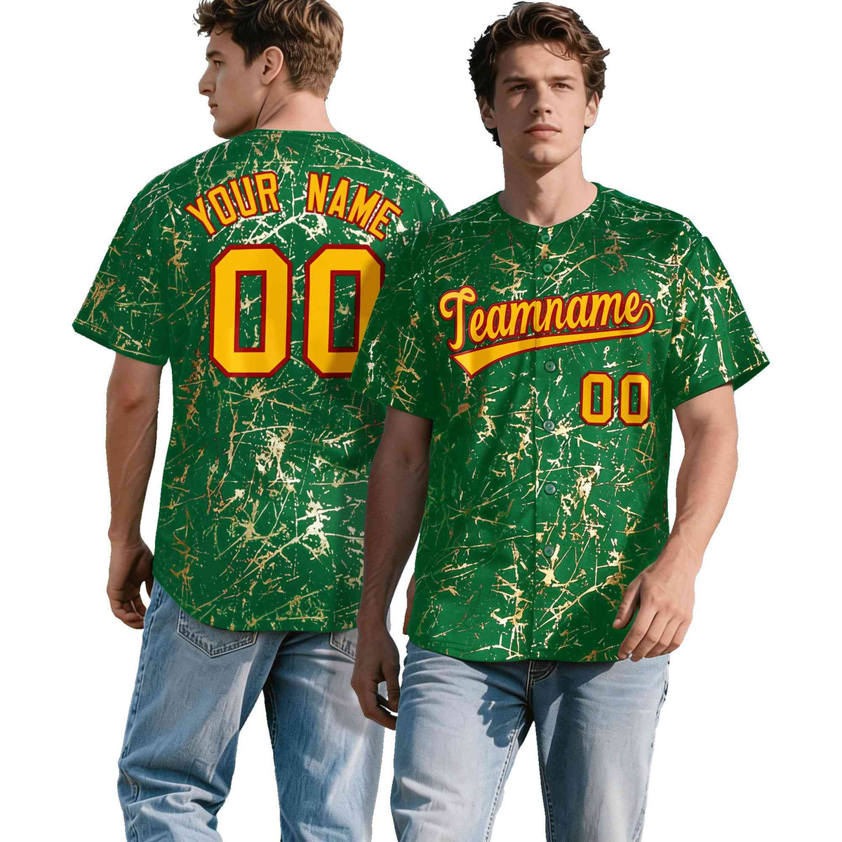 Custom Kelly Green Yellow Black&Gold Marble Print Clubwear Party Streetwear Baseball Jersey| KXKSHOP