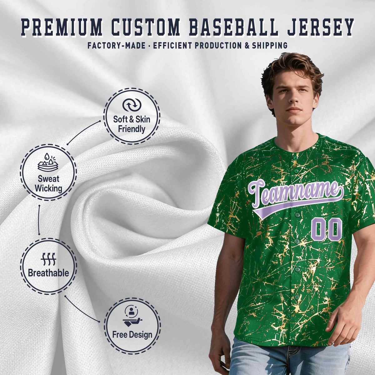 Custom Kelly Green Light Purple Metallic Gold Splatter Urban Streetwear Baseball Jersey| KXKSHOP