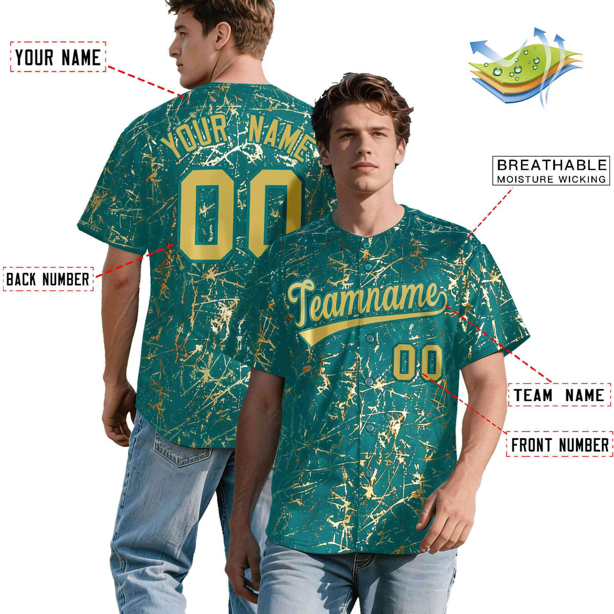 Custom Teal Old Gold Black&Shiny Gold Cracked Foil Hip Hop Button Down Baseball Jersey| KXKSHOP