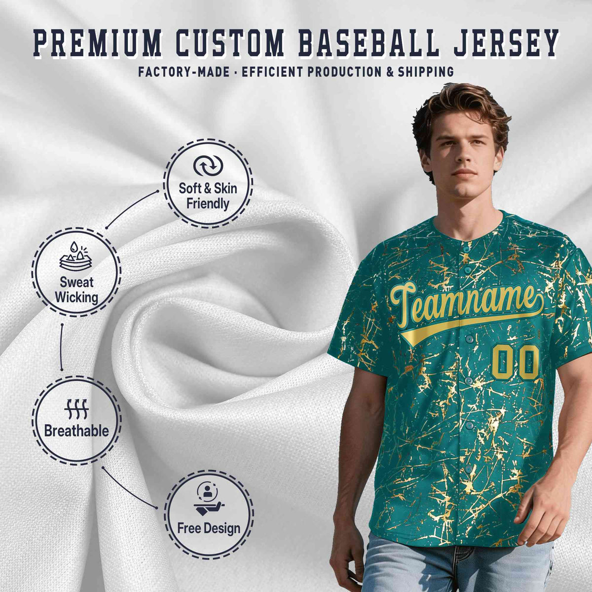 Custom Teal Old Gold Black&Shiny Gold Cracked Foil Hip Hop Button Down Baseball Jersey| KXKSHOP