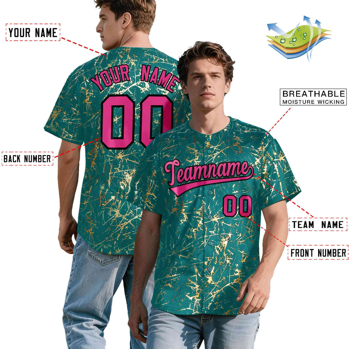 Custom Teal Rose Red Black&Gold Marble Print Clubwear Party Streetwear Baseball Jersey| KXKSHOP