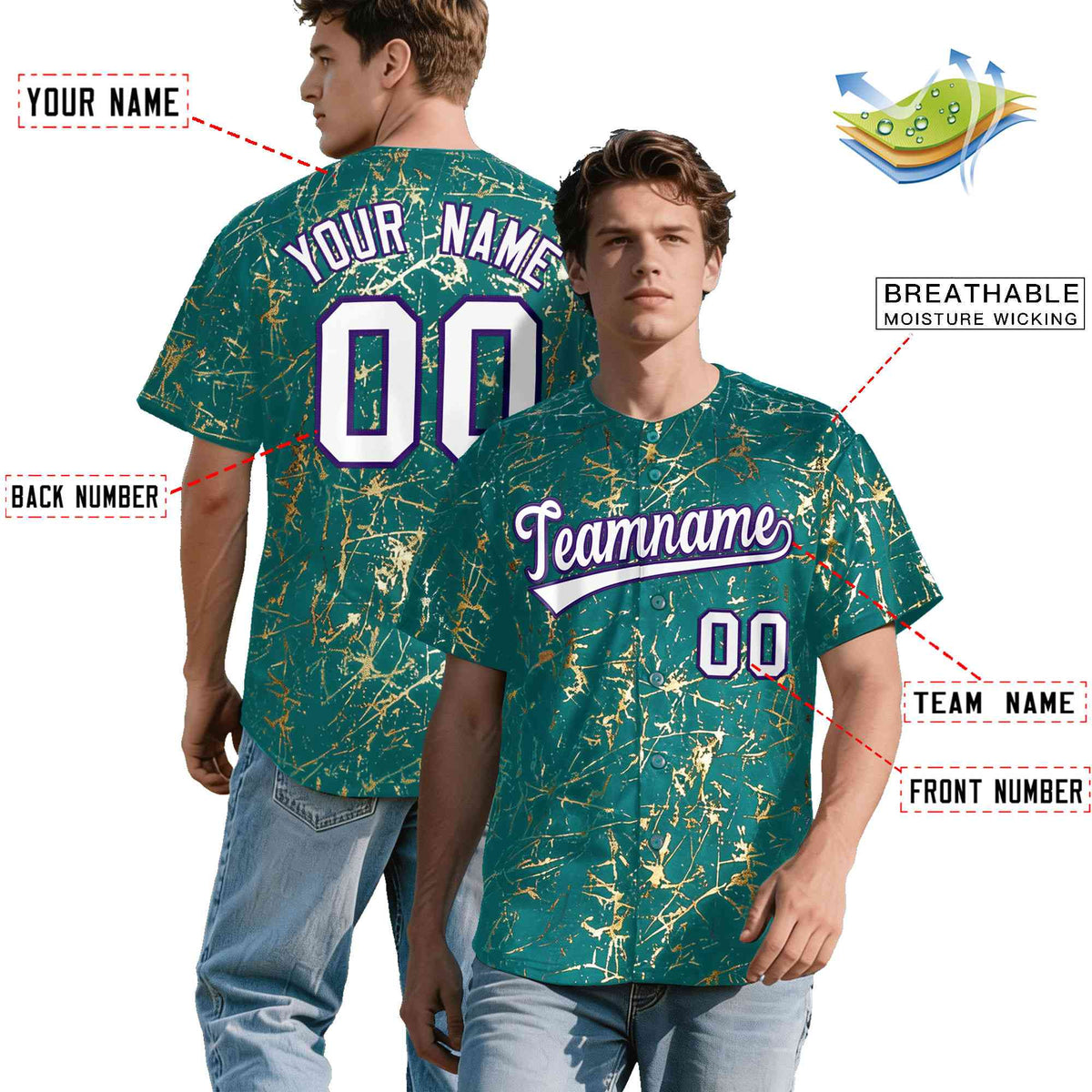 Custom Teal White Black&Shiny Gold Cracked Foil Breathable Mesh Streetwear Baseball Jersey| KXKSHOP