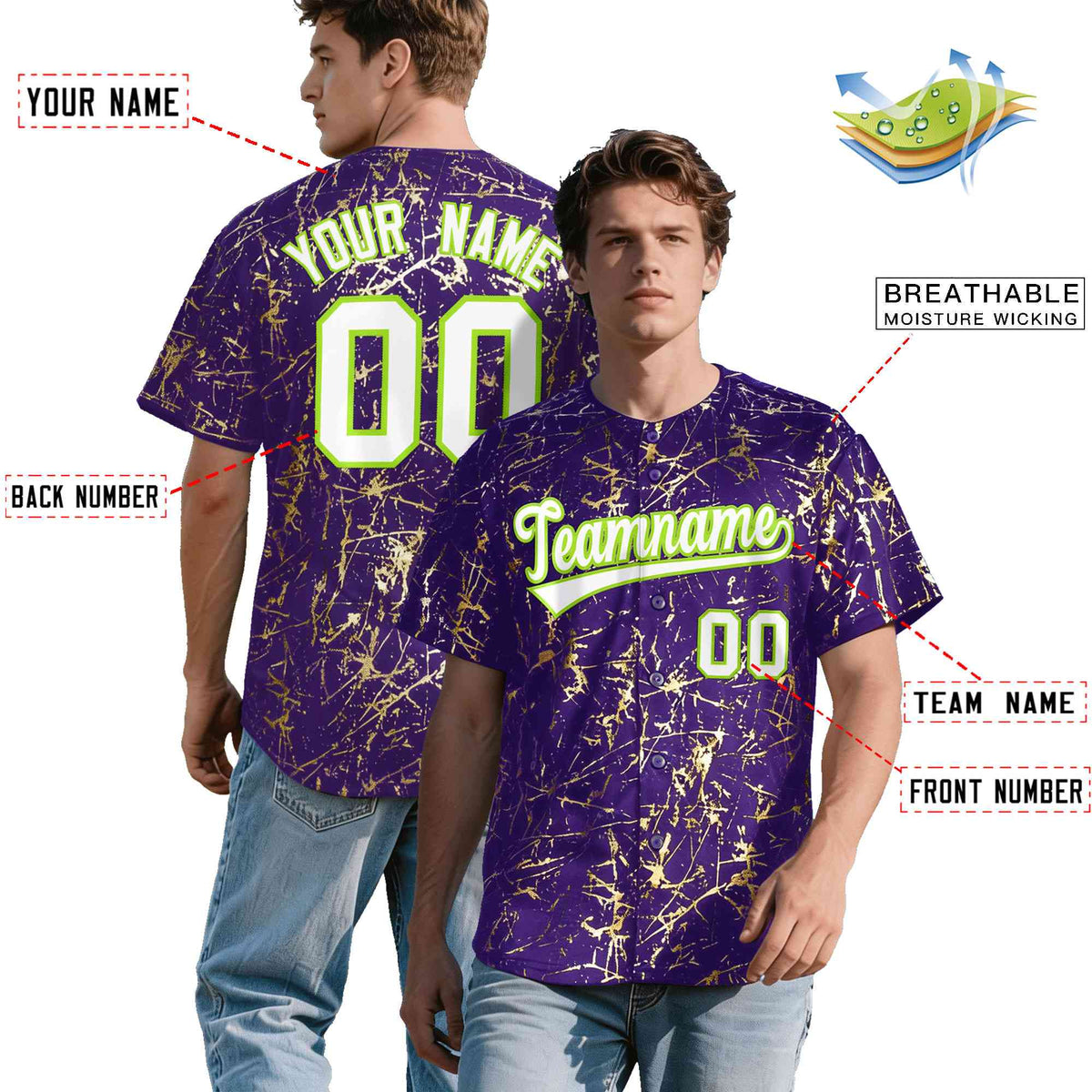 Custom Purple White Black&Shiny Gold Cracked Foil Breathable Mesh Streetwear Baseball Jersey| KXKSHOP