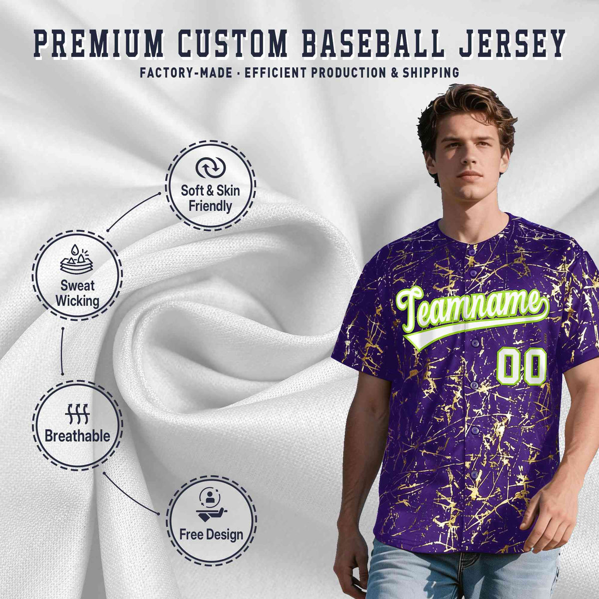 Custom Purple White Black&Shiny Gold Cracked Foil Breathable Mesh Streetwear Baseball Jersey| KXKSHOP