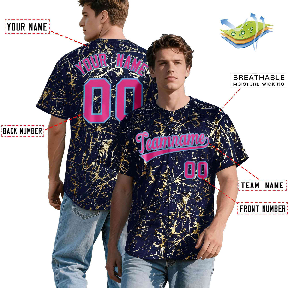 Custom Navy Rose Red Metallic Gold Splatter Breathable&Wrinkle-Resistant Baseball Jersey| KXKSHOP