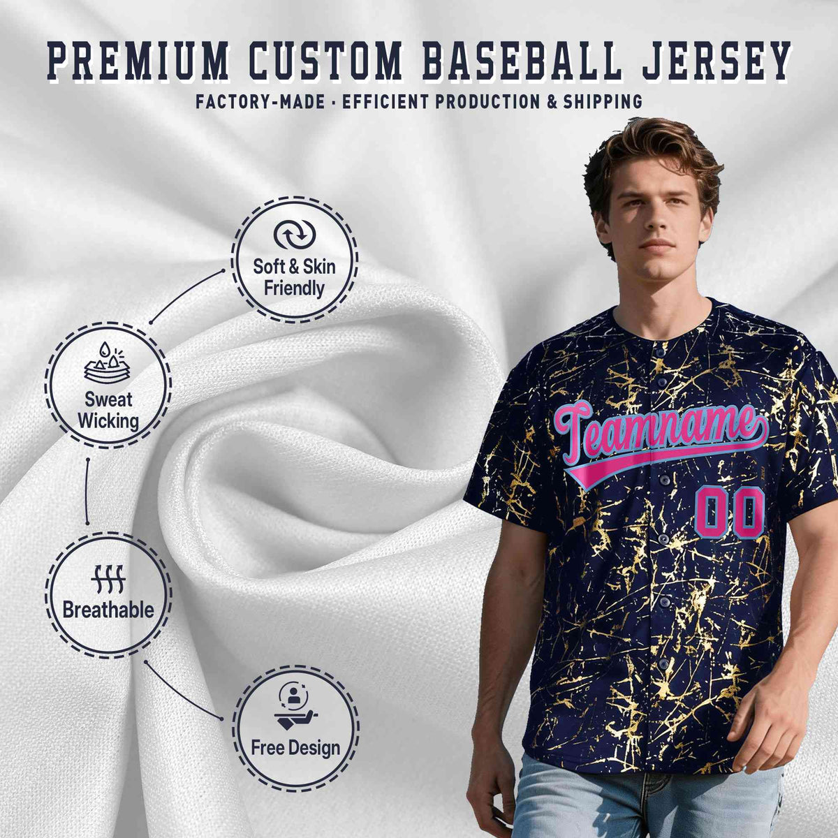 Custom Navy Rose Red Metallic Gold Splatter Breathable&Wrinkle-Resistant Baseball Jersey| KXKSHOP