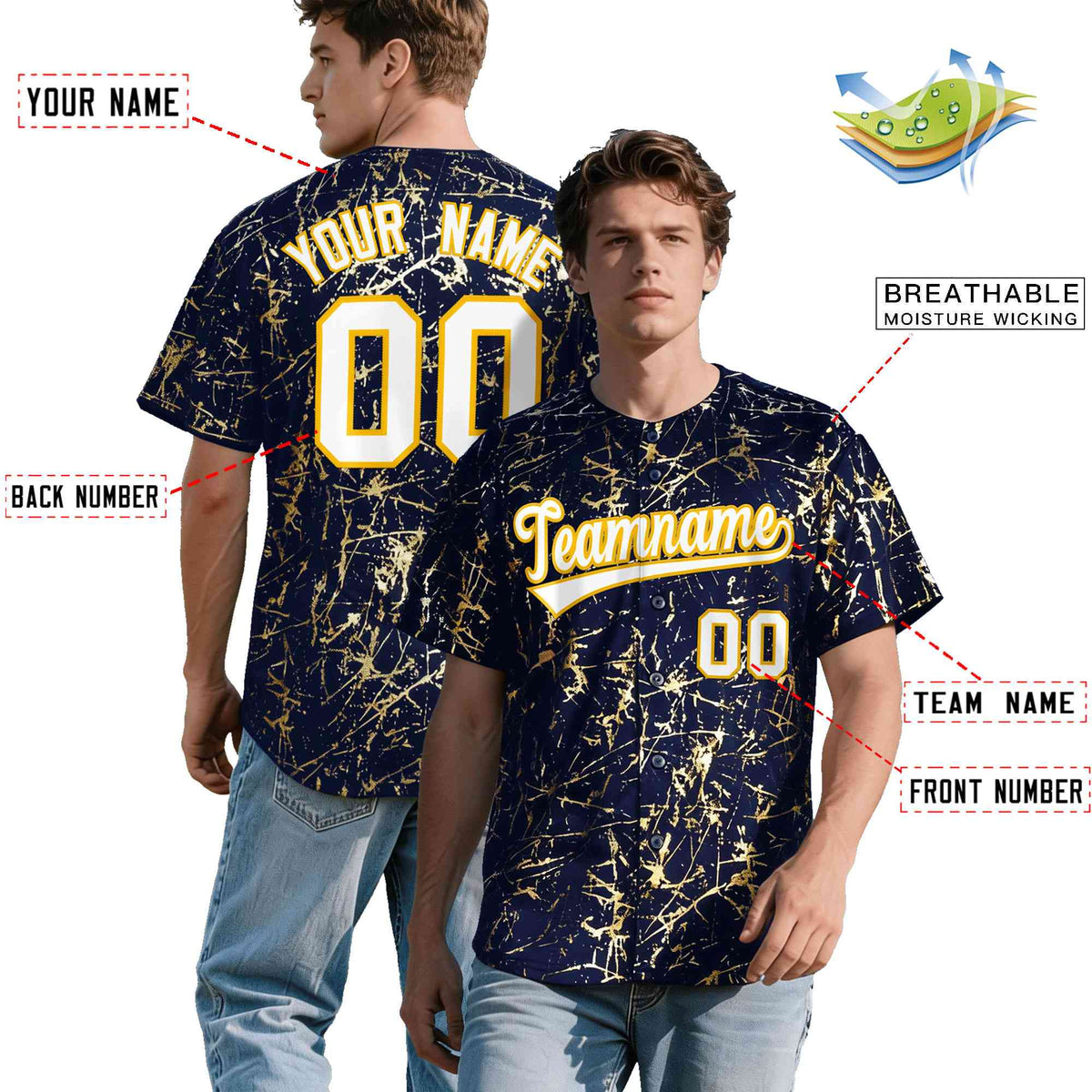 Custom Navy White Black&Shiny Gold Cracked Foil Breathable Mesh Streetwear Baseball Jersey| KXKSHOP