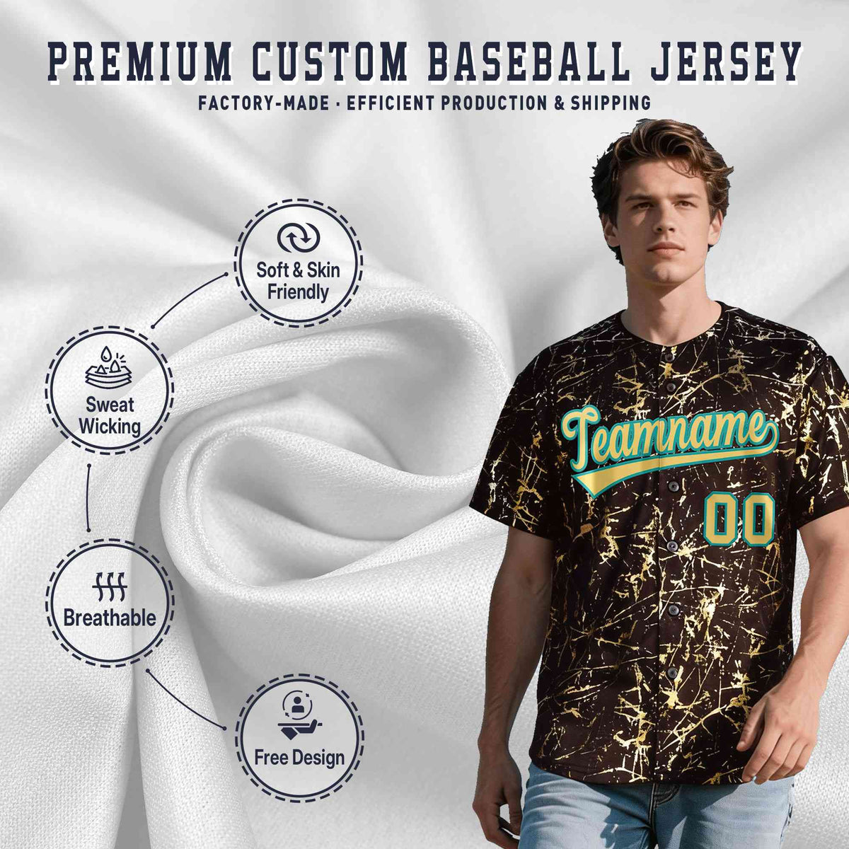 Custom Brown Khaki Black&Gold Marble Print Clubwear Party Streetwear Baseball Jersey| KXKSHOP