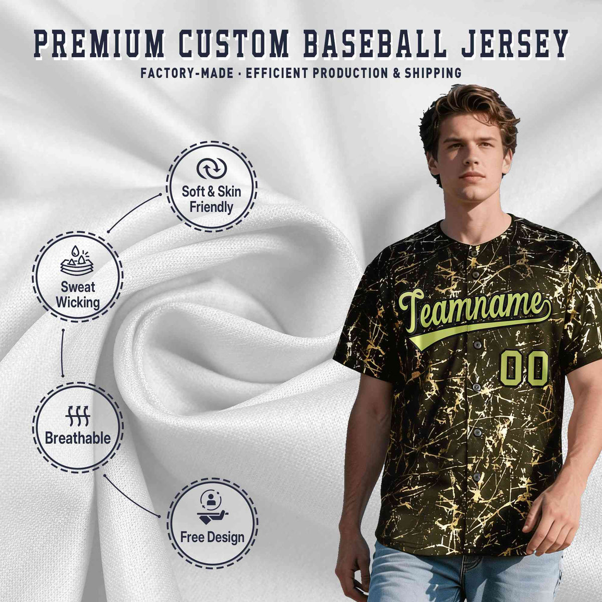 Custom Olive Champagne Black&Gold Marble Print Clubwear Party Streetwear Baseball Jersey| KXKSHOP