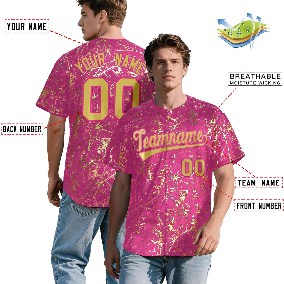 Custom Pink Old Gold Black&Shiny Gold Cracked Foil Hip Hop Button Down Baseball Jersey| KXKSHOP