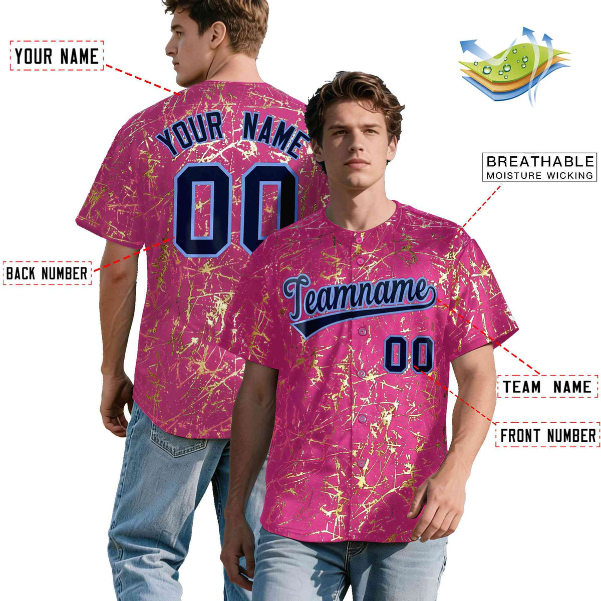 Custom Pink Navy Metallic Gold Splatter Breathable&Wrinkle-Resistant Baseball Jersey| KXKSHOP